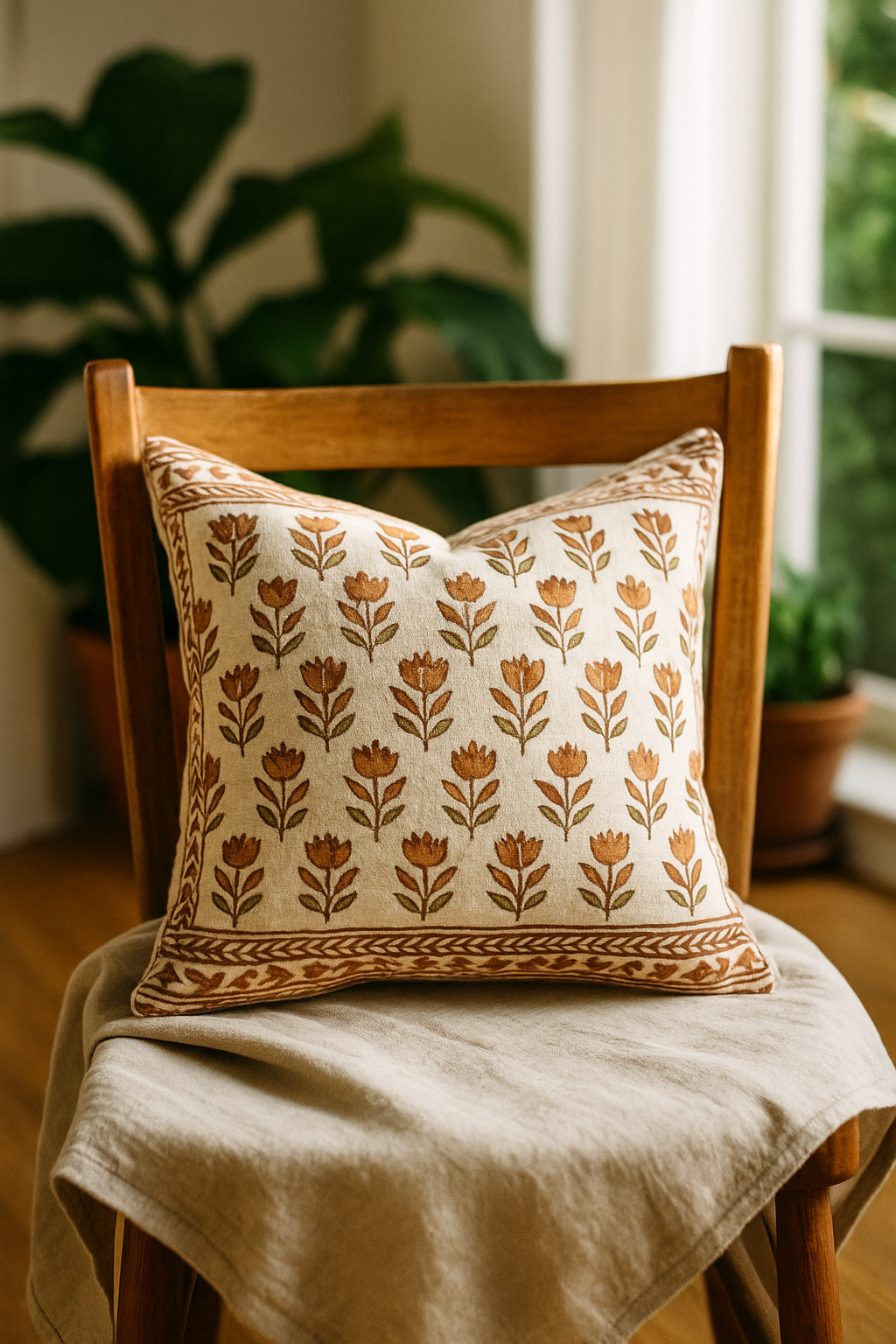 alt="A square decorative pillow made of natural cotton, handblock printed in earthy tones, resting softly on a linen-draped wooden chair in an airy, sunlit room with indoor plants in the background."