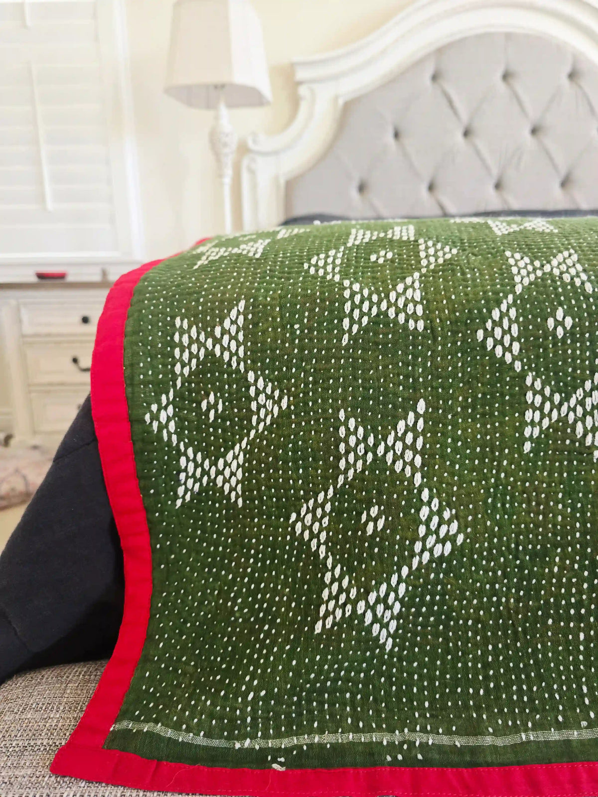 Green Hand-Embroidered Cotton Kantha Quilt - Ohana Earth
