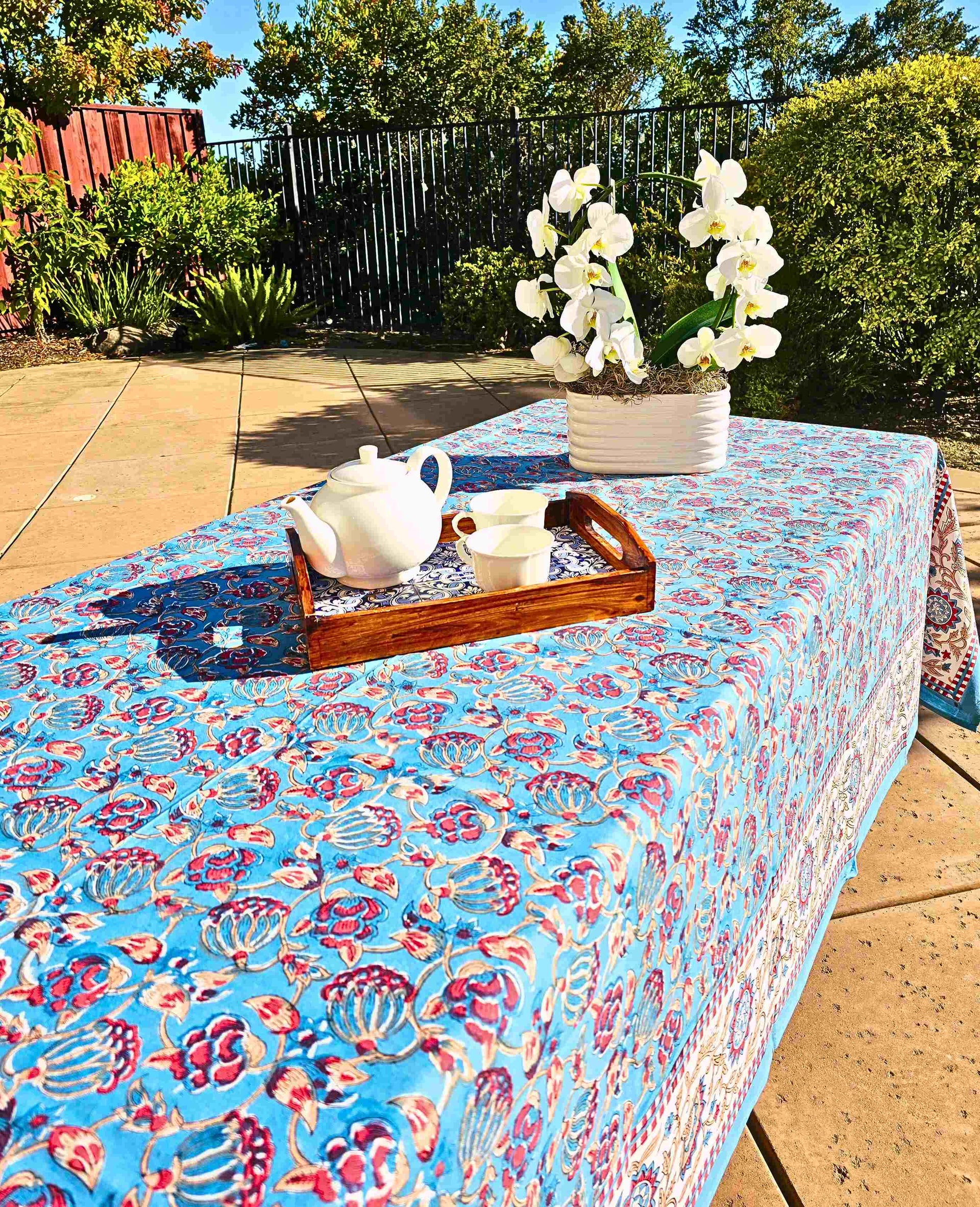 Blue Bloom Hand Block Printed Table Cloth