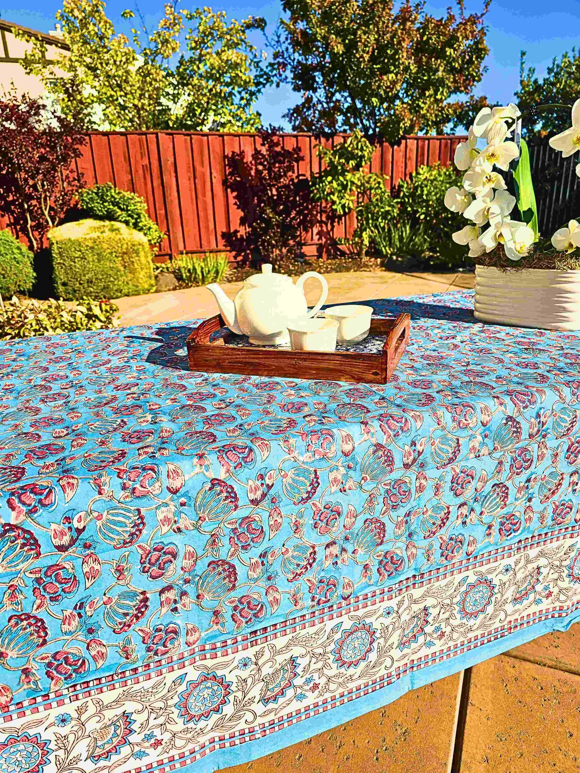 Blue Bloom Hand Block Printed Table Cloth