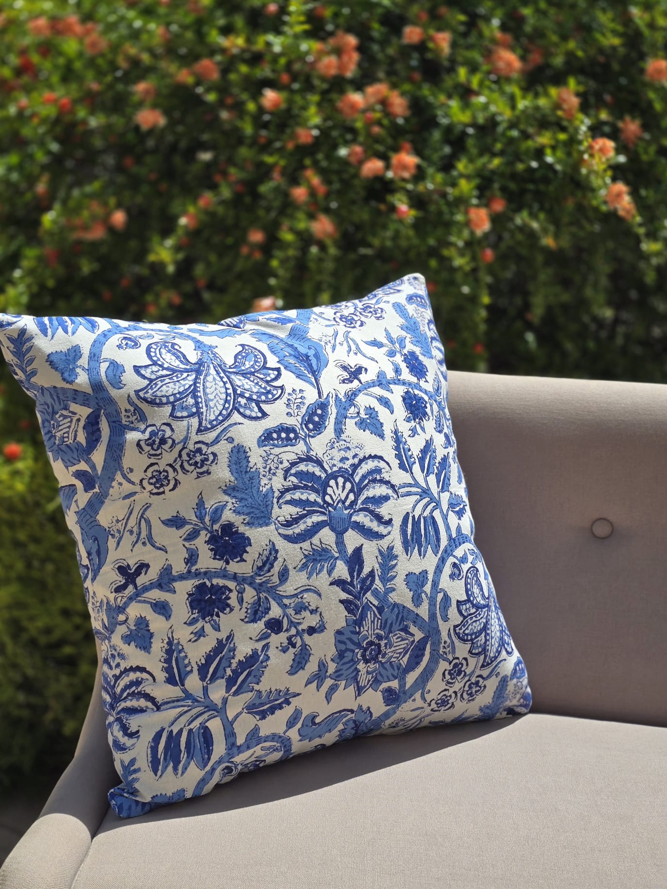 California Blue Floral Hand Block Printed Cushion Cover