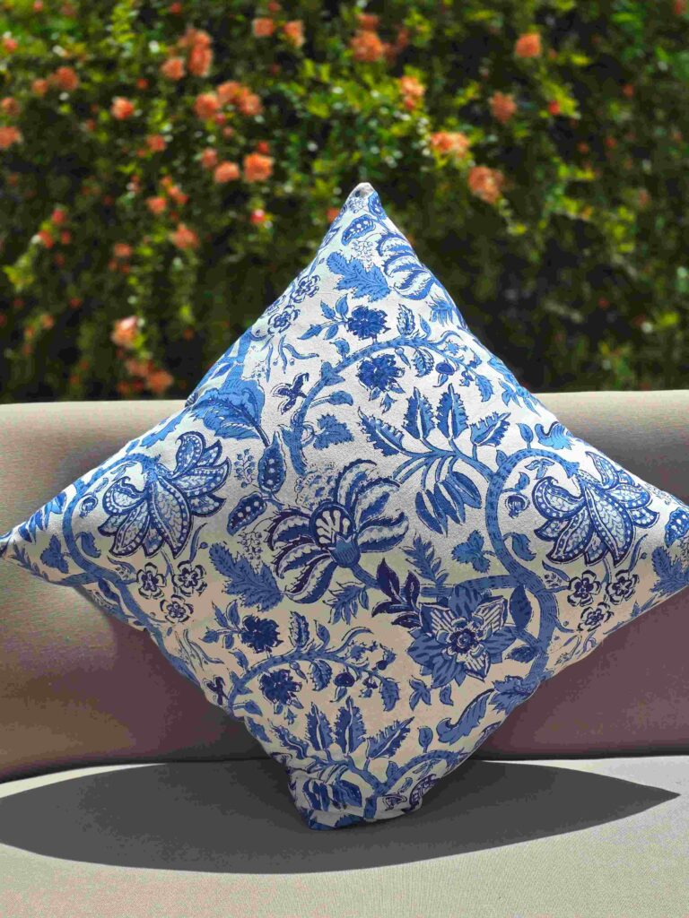 California Blue Floral Hand Block Printed Cushion Cover