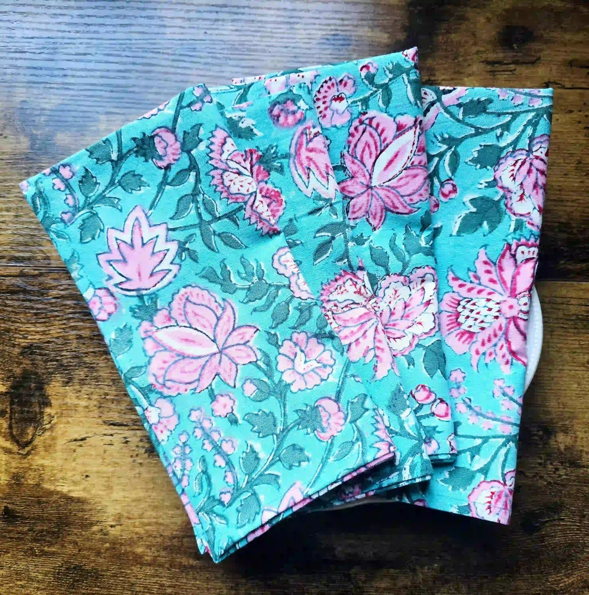 Green Floral Block Print Cotton Napkins Set – Handmade Cloth Napkins - Ohana Earth