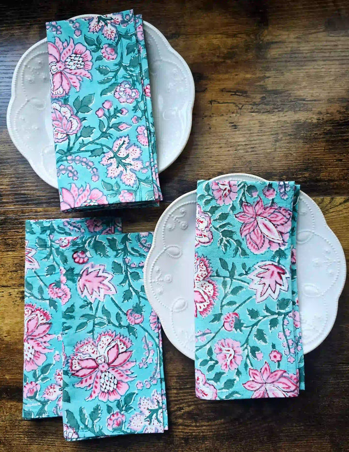 Green Floral Block Print Cotton Napkins Set – Handmade Cloth Napkins - Ohana Earth