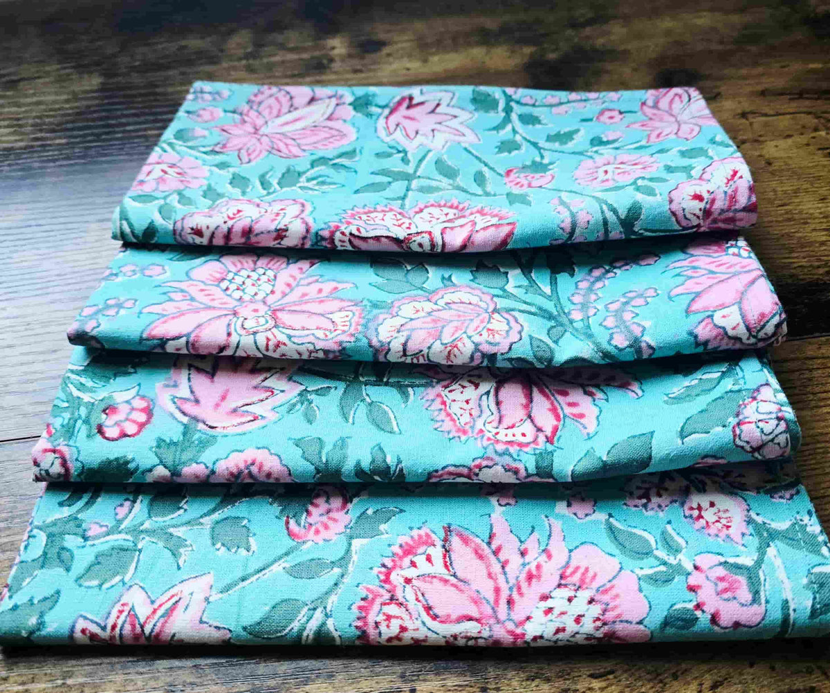 Green Floral Block Print Cotton Napkins Set – Handmade Cloth Napkins - Ohana Earth
