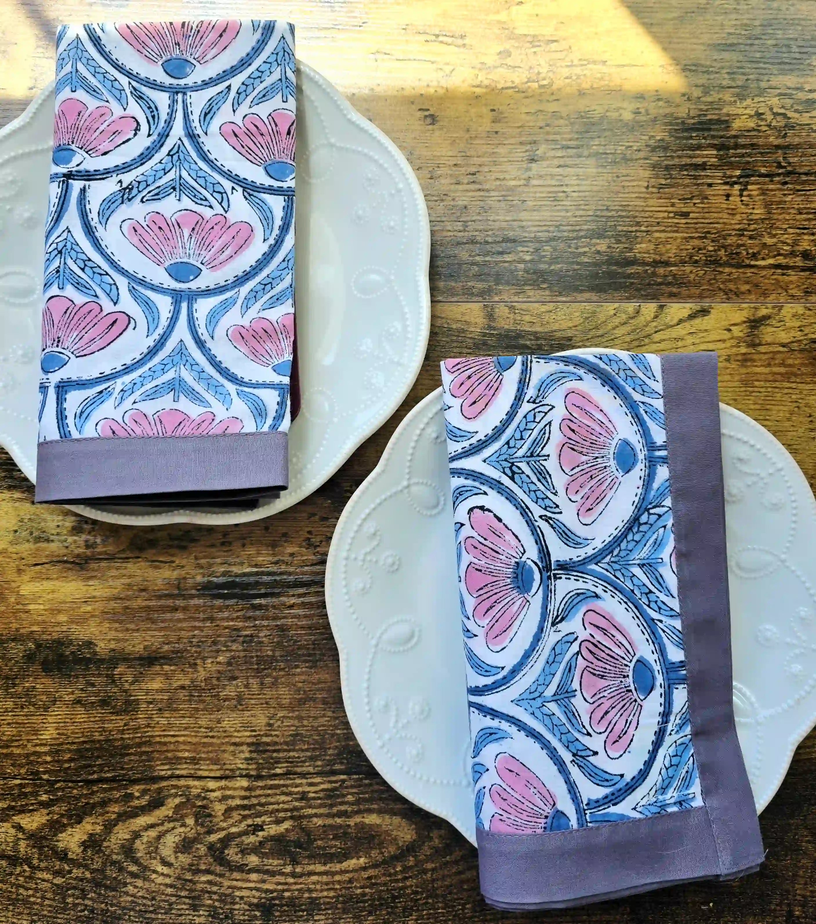 Gul White Floral Hand Block Print Cotton Napkin Set - Ohana Earth
