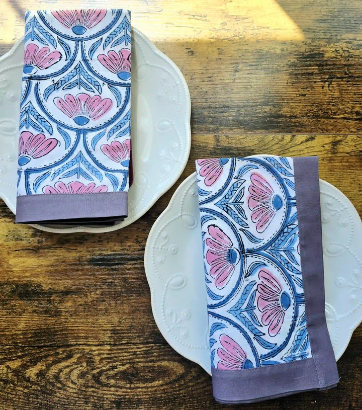 Gul White Floral Hand Block Print Cotton Napkin Set - Ohana Earth