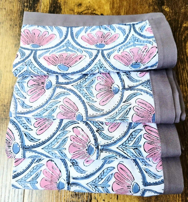 Gul White Floral Hand Block Print Cotton Napkin Set - Ohana Earth