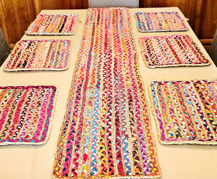 Colorful braided placemats on a table