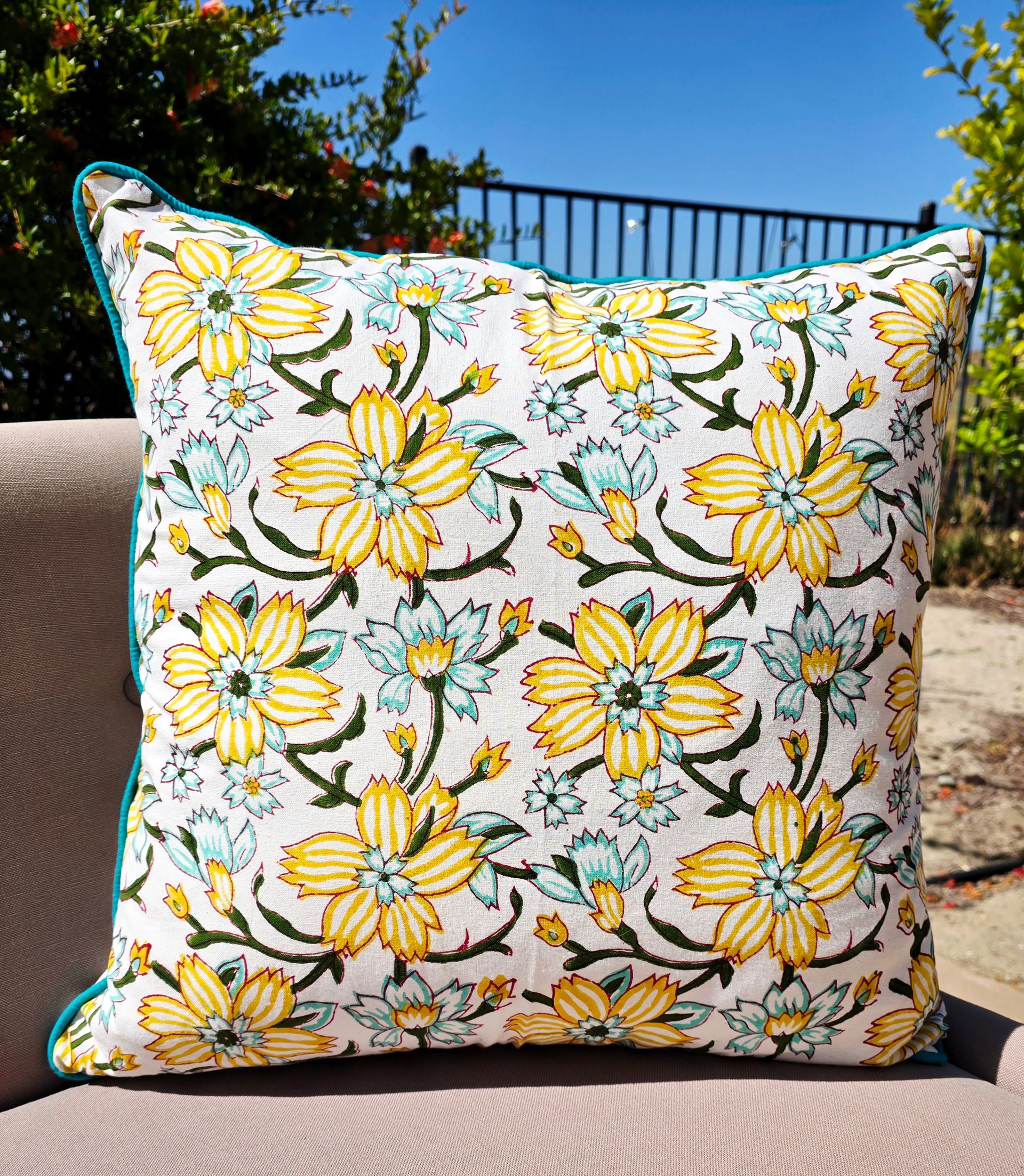 yellow floral print on a cushion cover