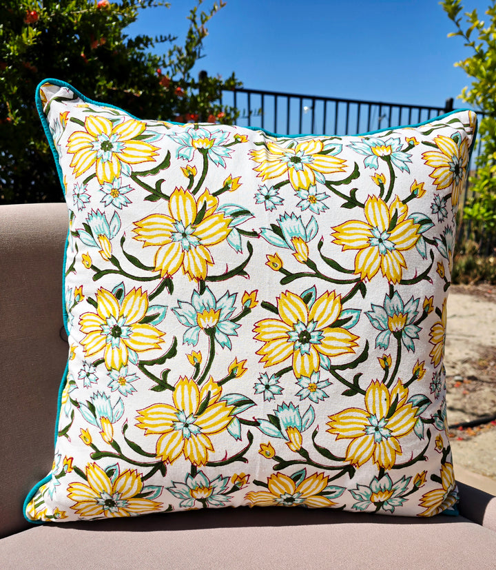yellow floral print on a cushion cover
