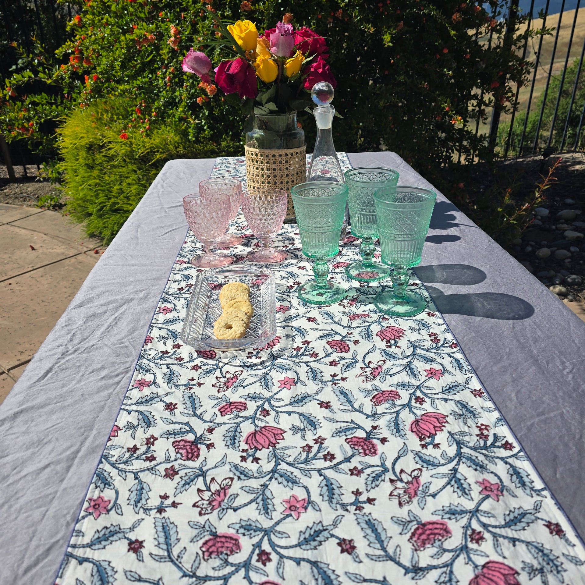 Loopy Lotus Block Printed Embroidered Table Runner