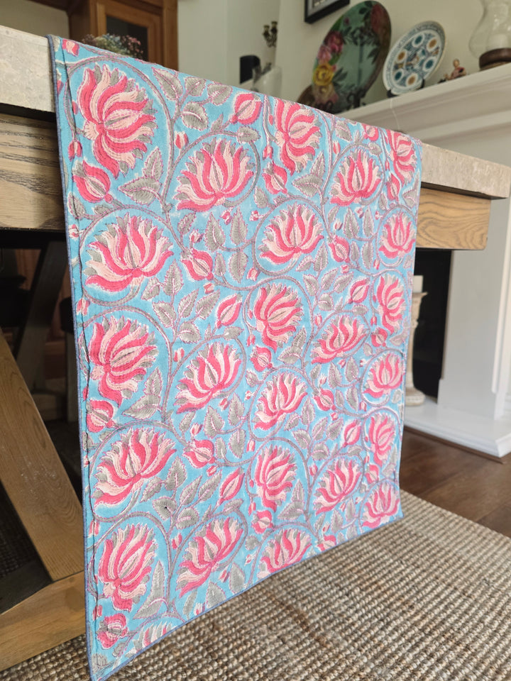 Lotus in Blue Block Printed Embroidered Table Runner
