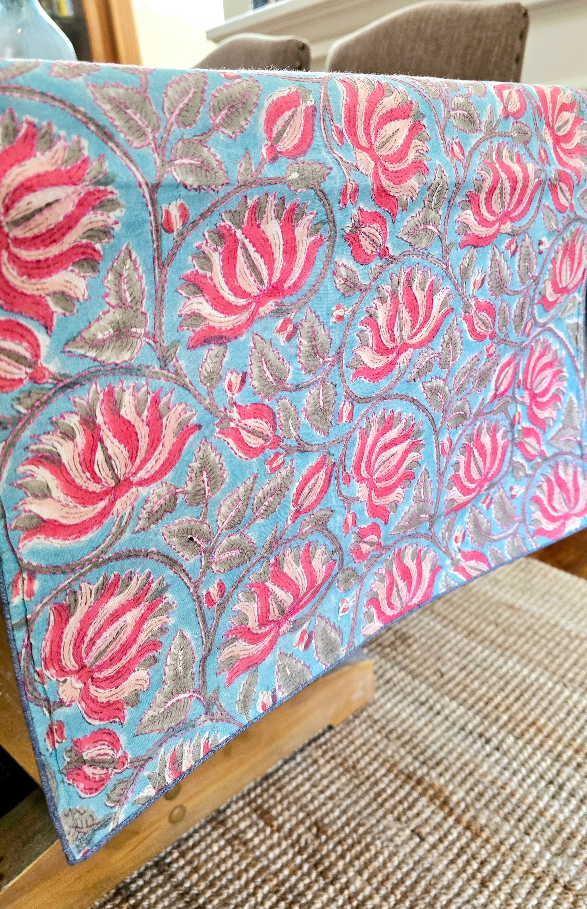 Lotus in Blue Block Printed Embroidered Table Runner