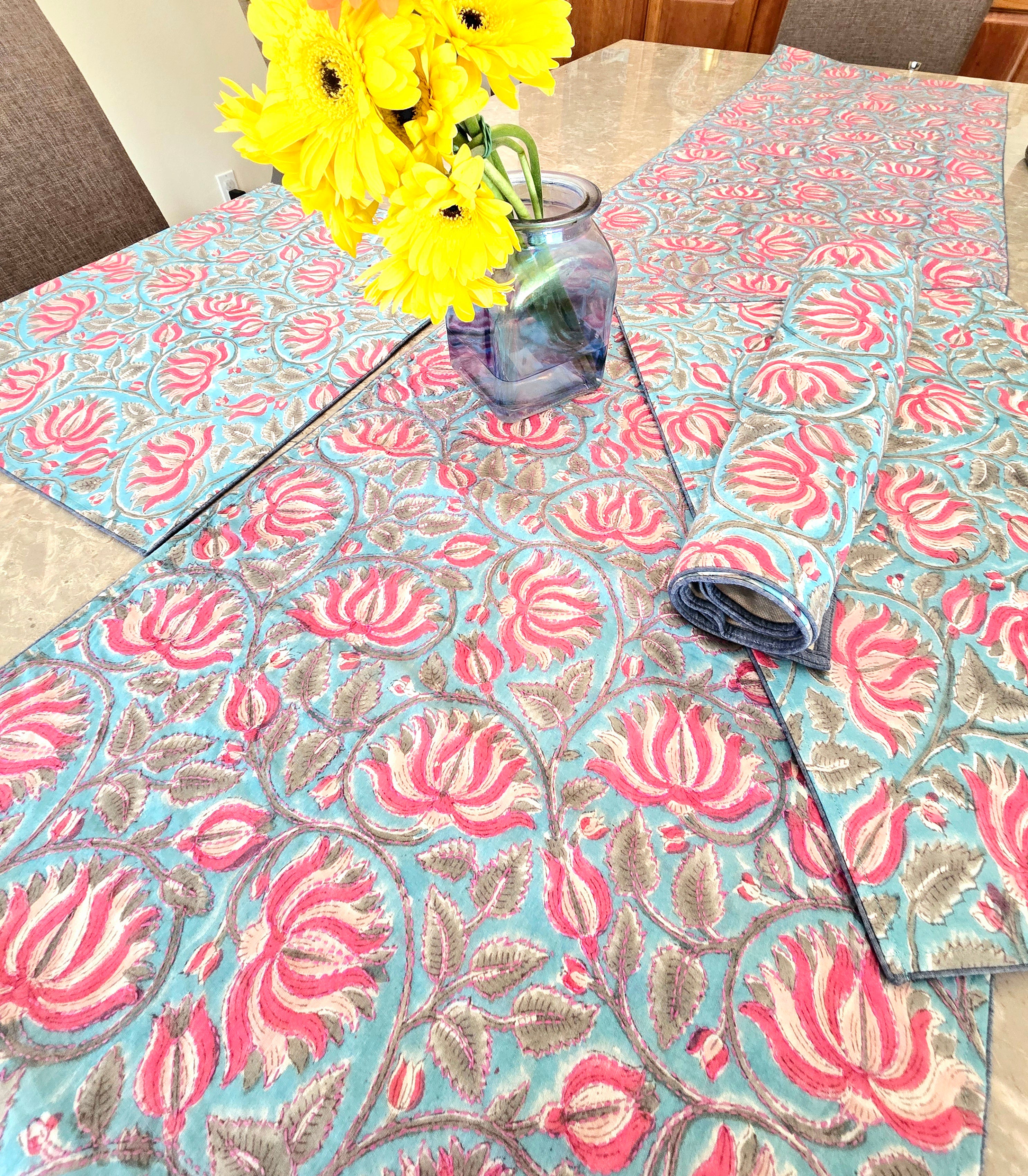 Lotus in Blue Block Printed Embroidered Table Runner