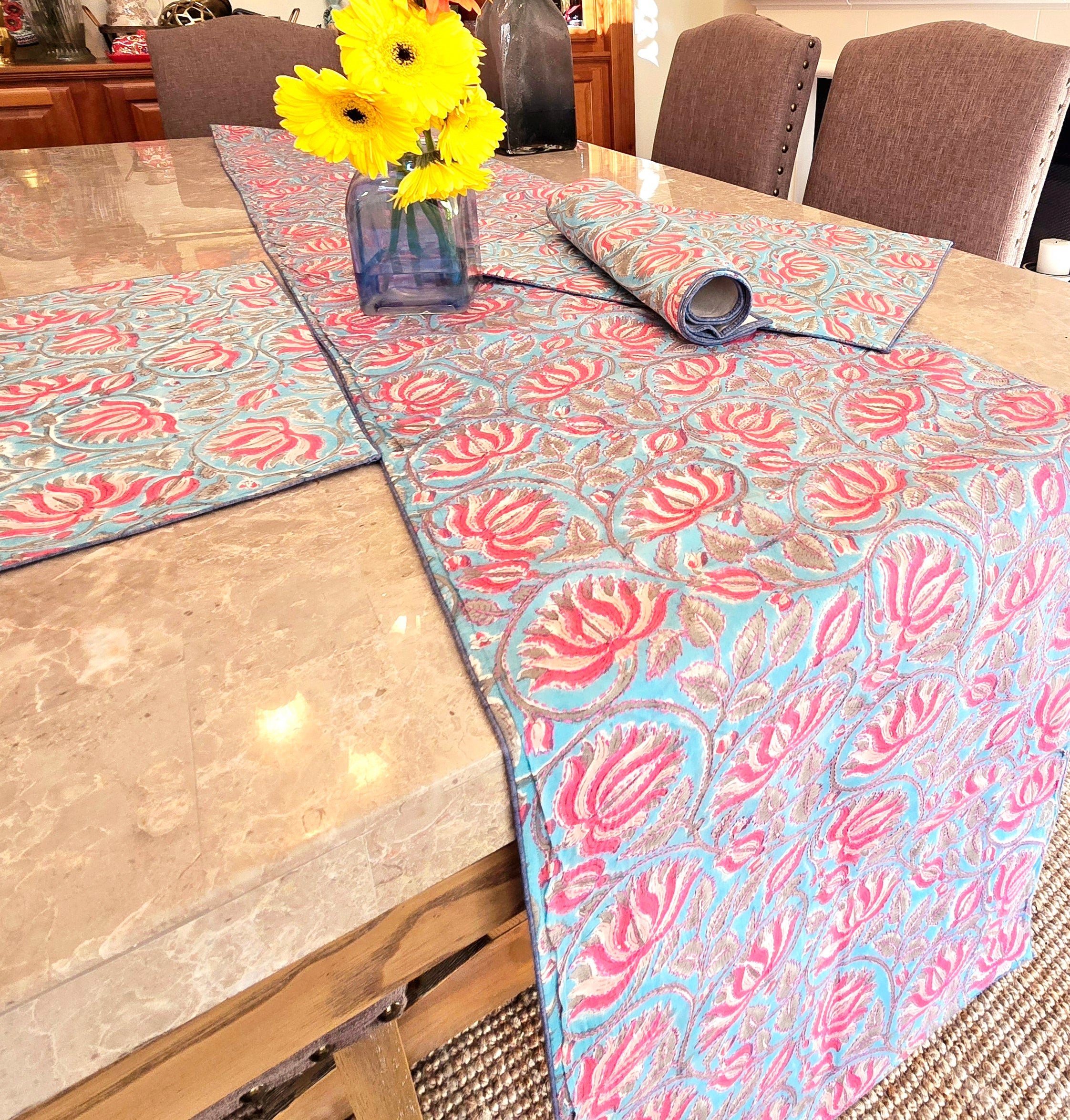 Lotus in Blue Block Printed Embroidered Table Runner