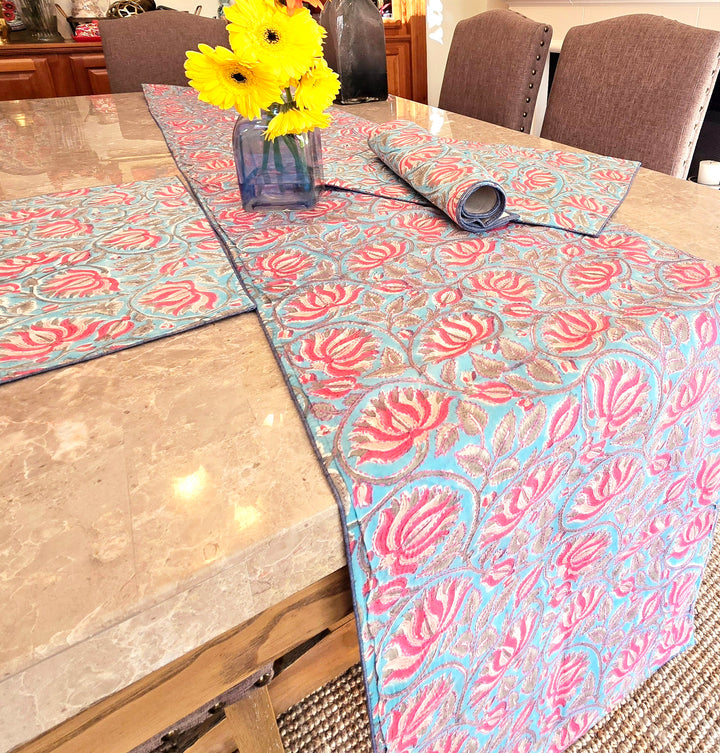 Lotus in Blue Block Printed Embroidered Table Runner