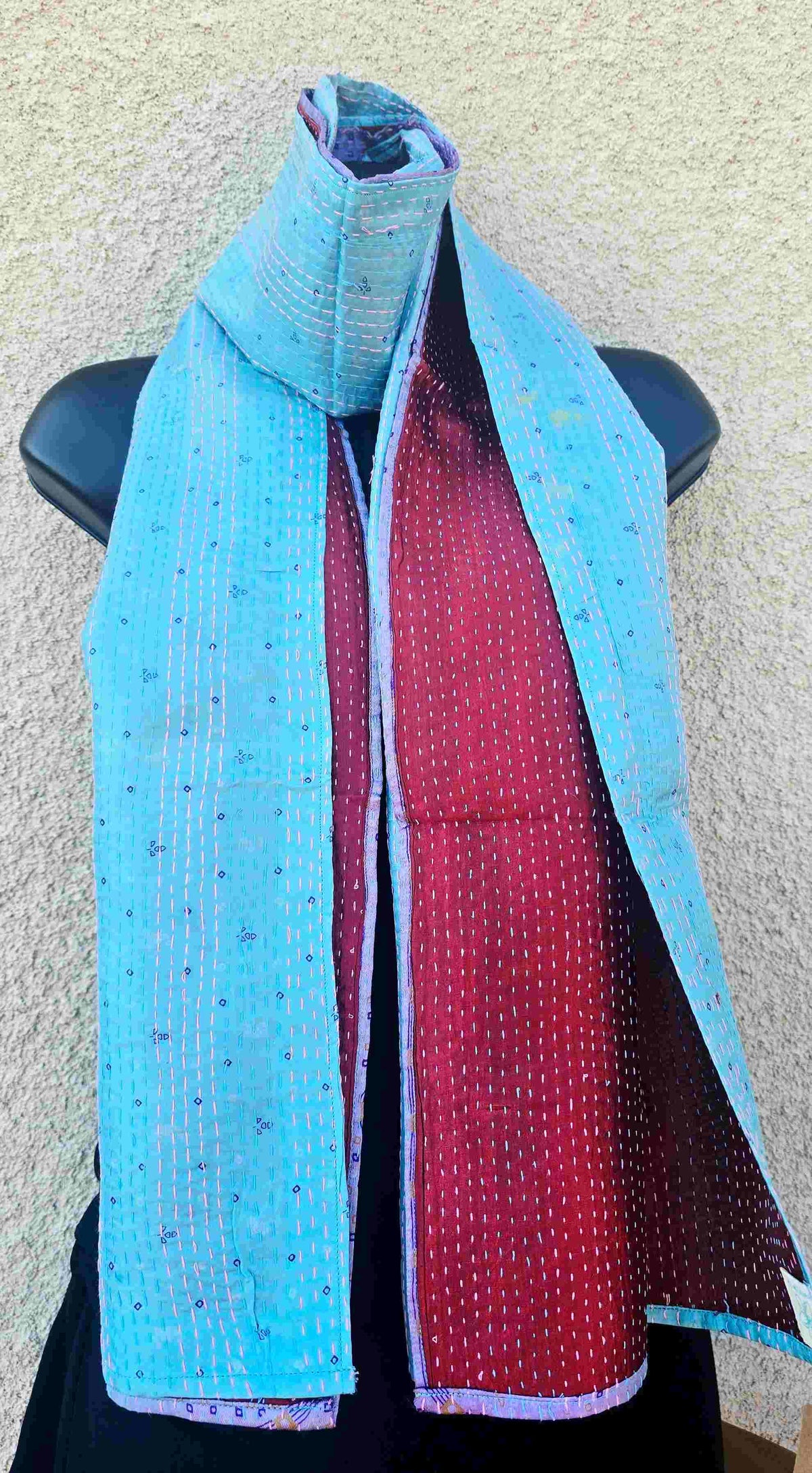 Maroon Blue reversible Kantha silk scarf