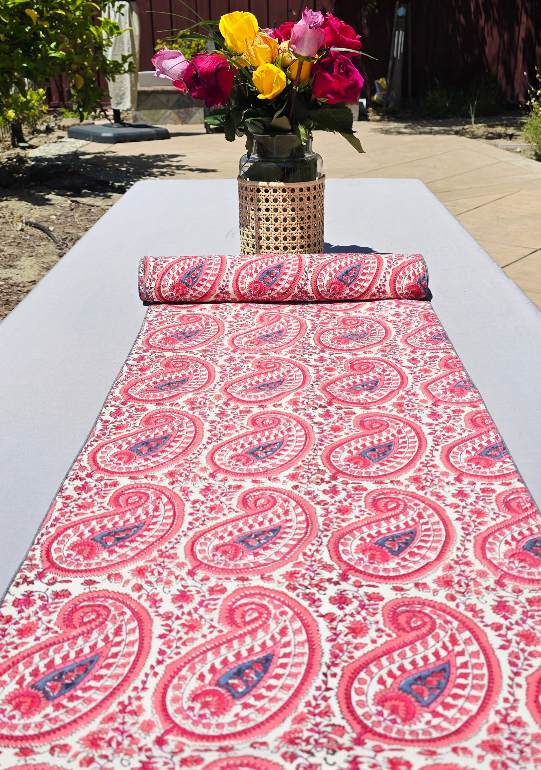 Orange Paisley Block Printed Handmade Kantha Table Runner