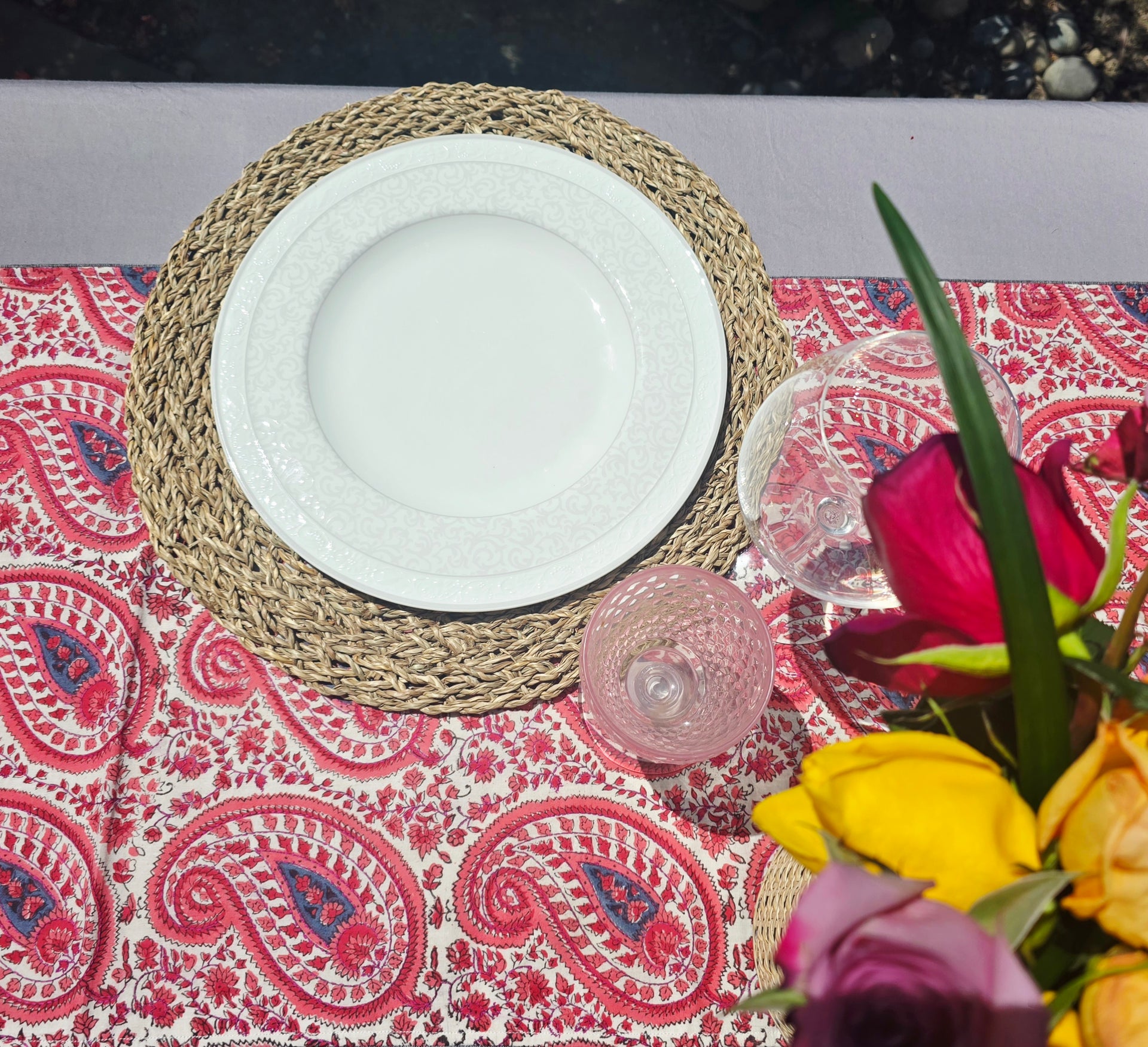 Orange Paisley Block Printed Embroidered Table
