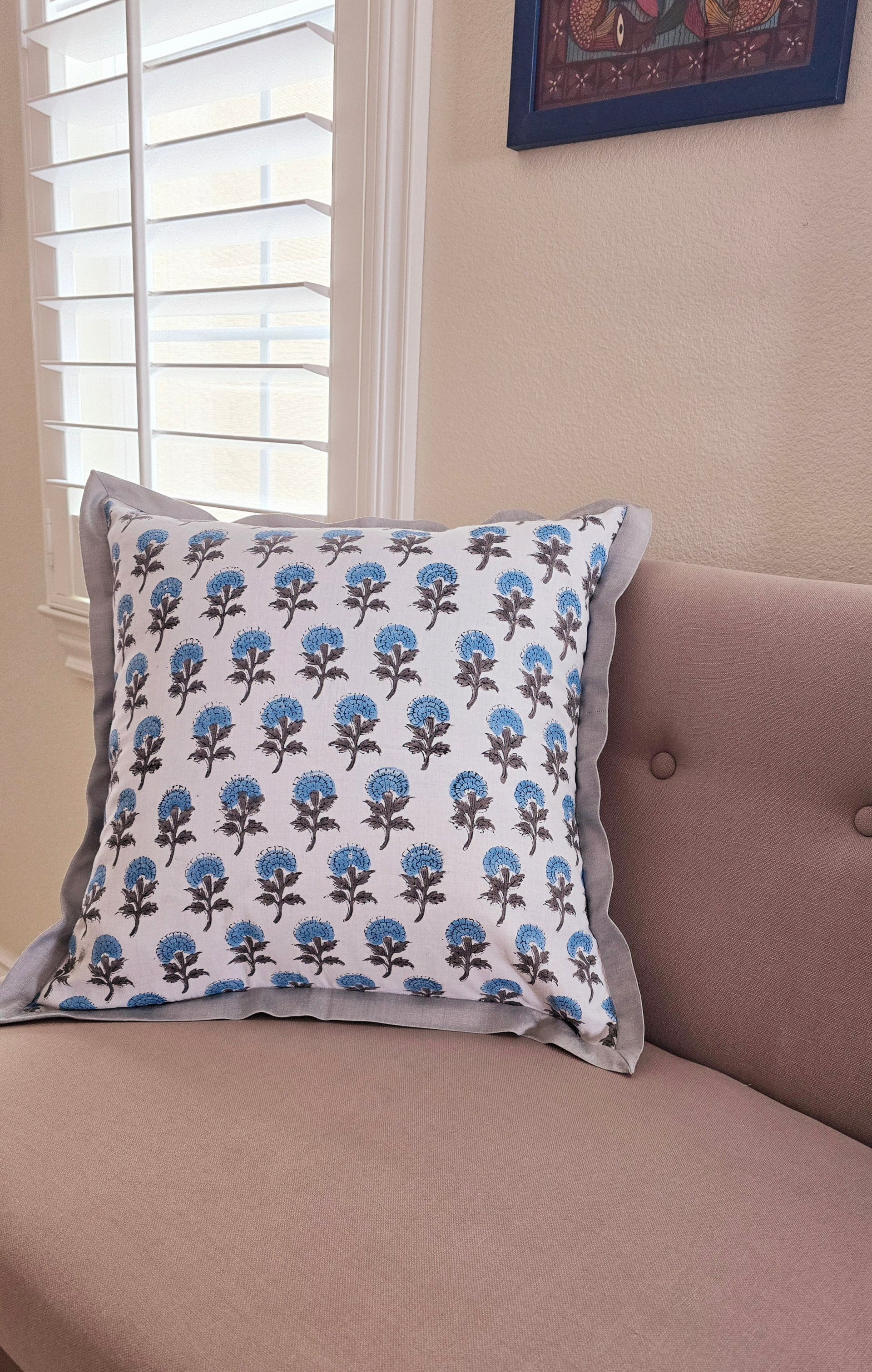 blue floral print on cushion cover