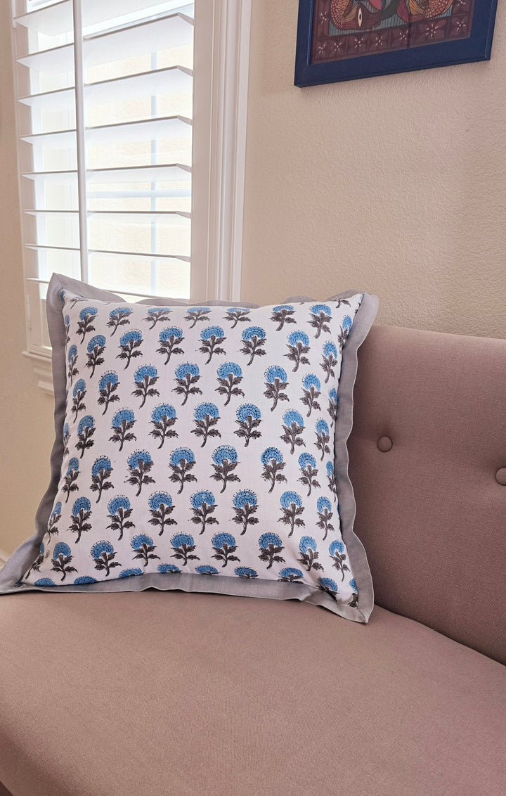 blue floral print on cushion cover