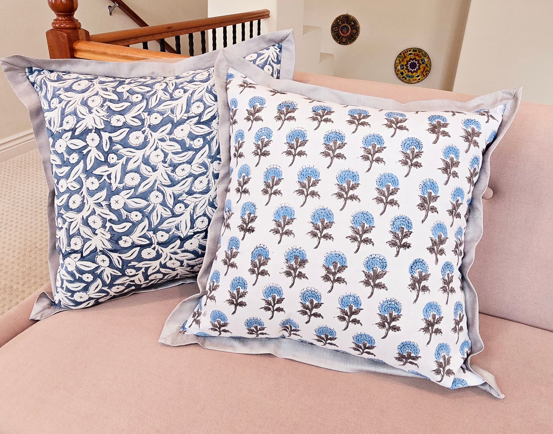 blue floral prints on cushion cover
