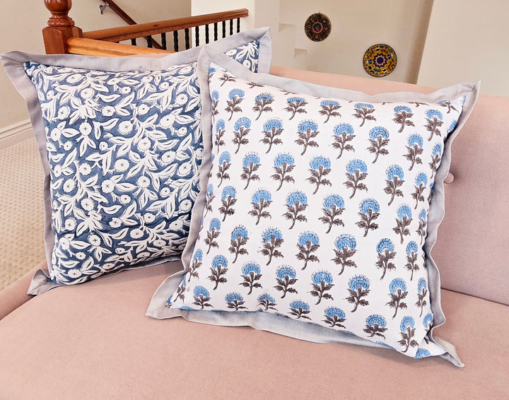 blue floral prints on cushion cover