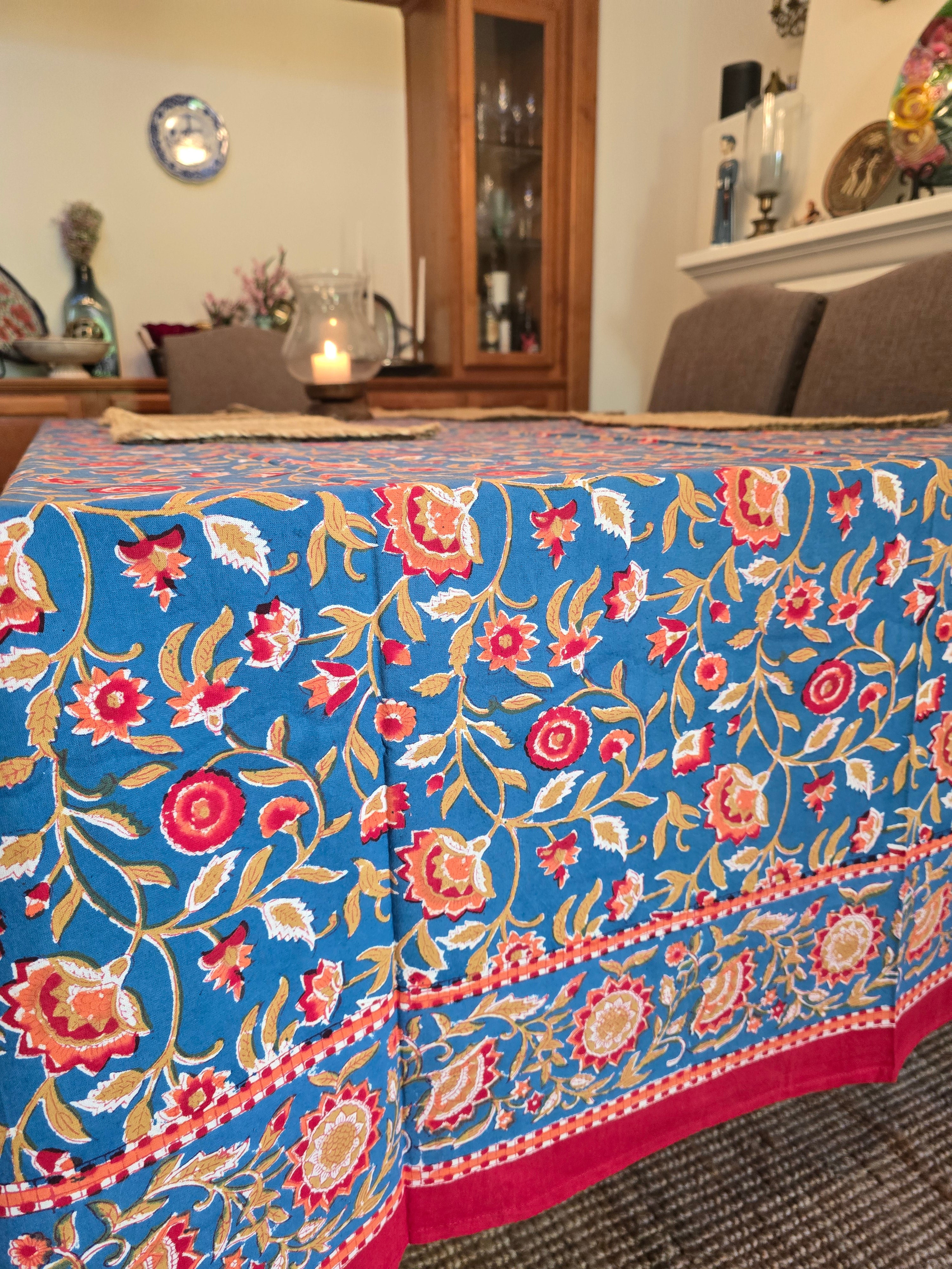 Wild Flower Blue Hand Block Printed Table Cloth