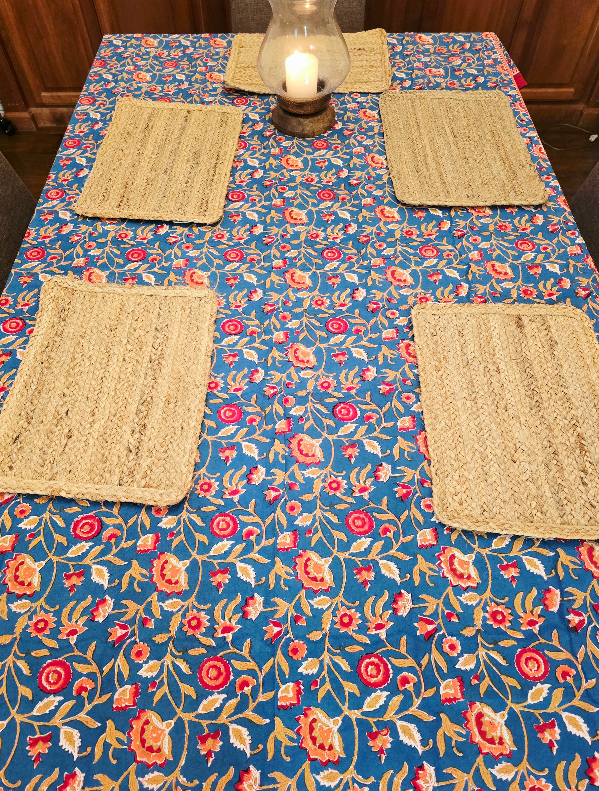 Wild Flower Blue Hand Block Printed Table Cloth