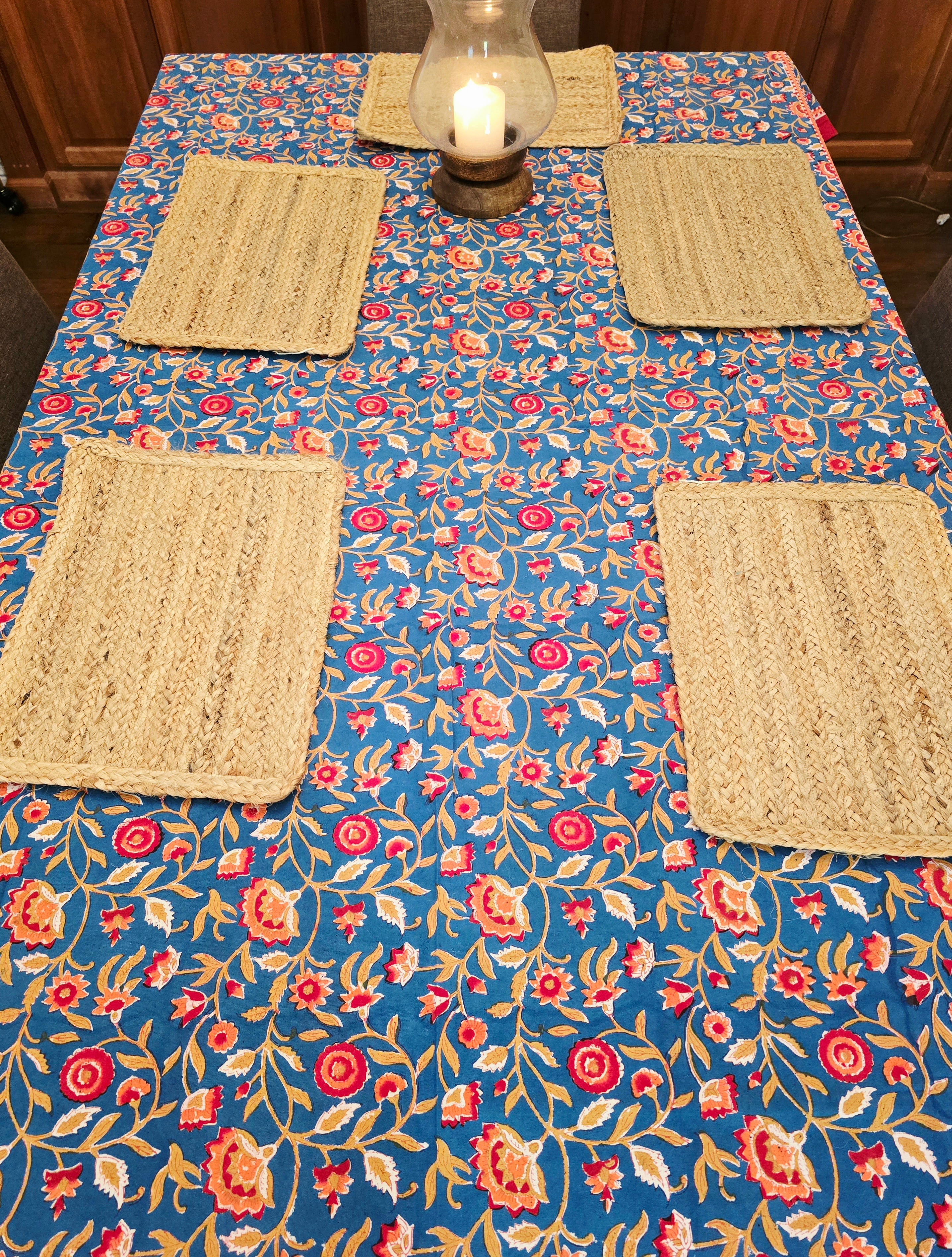 Wild Flower Blue Hand Block Printed Table Cloth