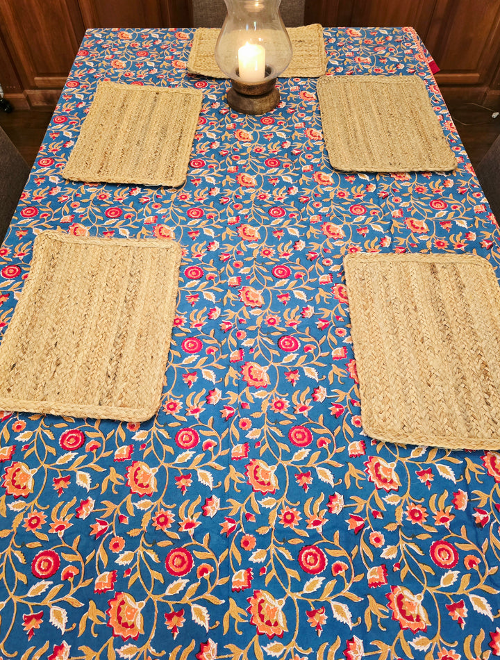 Wild Flower Blue Hand Block Printed Table Cloth