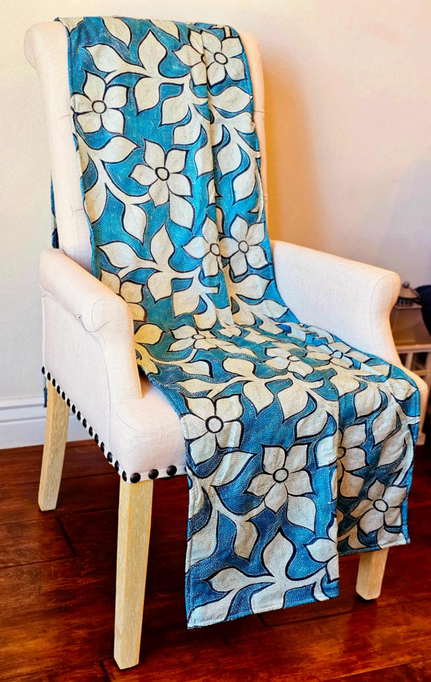 Bloom-garden Blue Kantha Throw