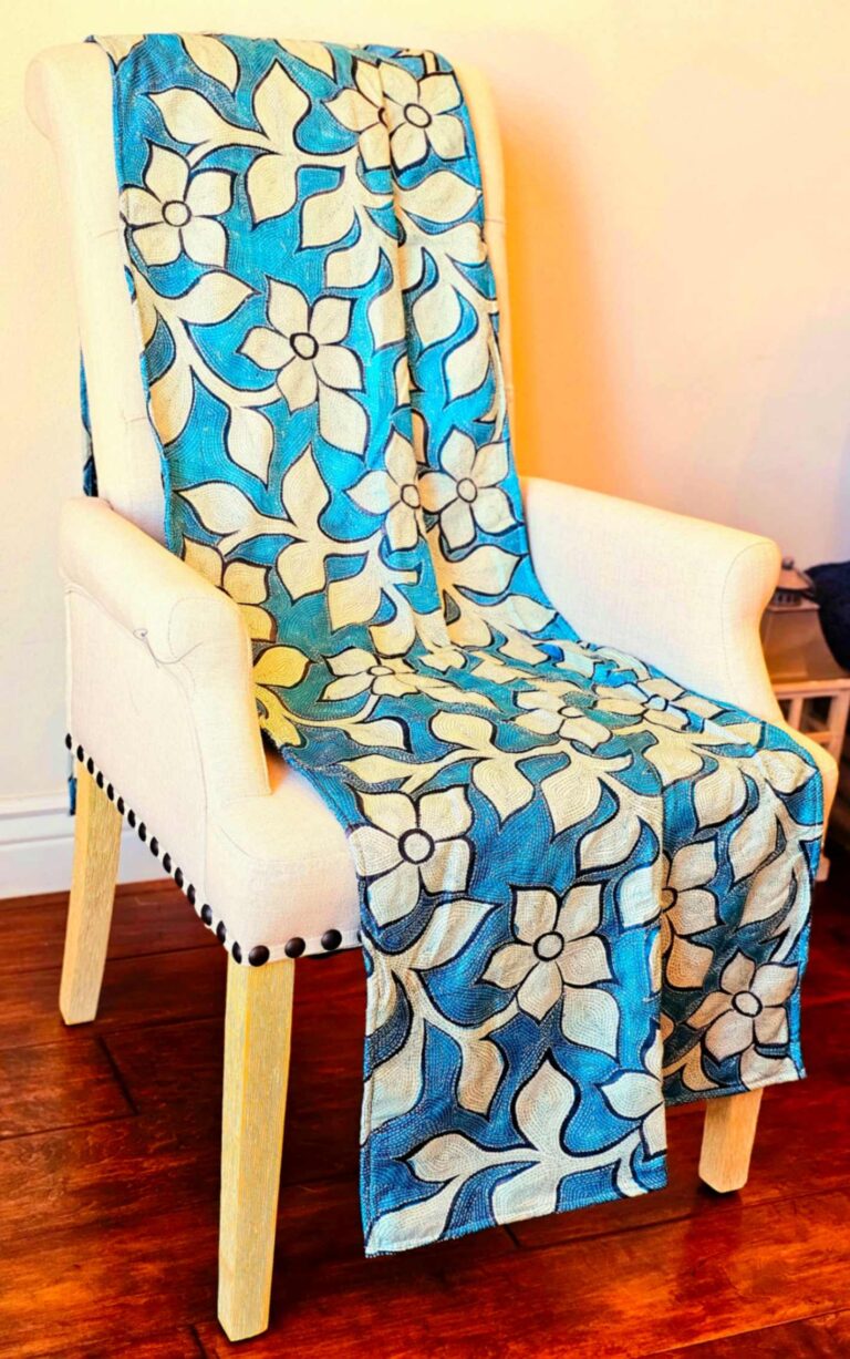 Bloom-garden Blue Kantha Throw
