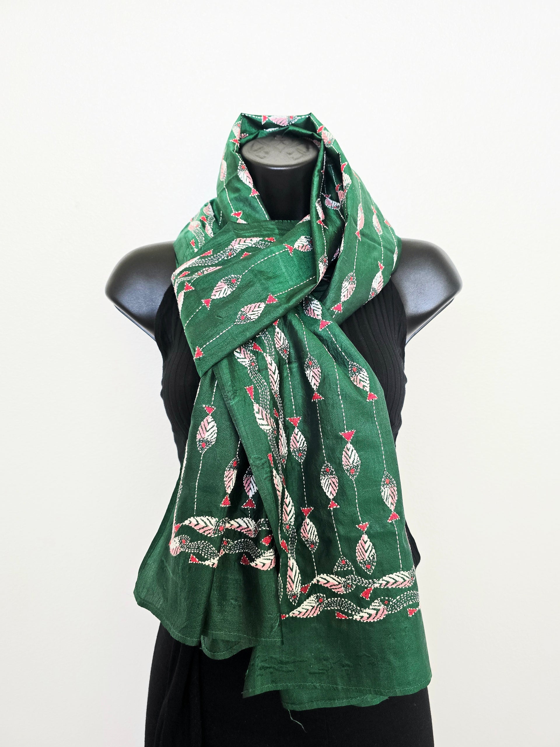 Hand Embroidered Kantha Silk Scarf - Green Fish Heritage Design