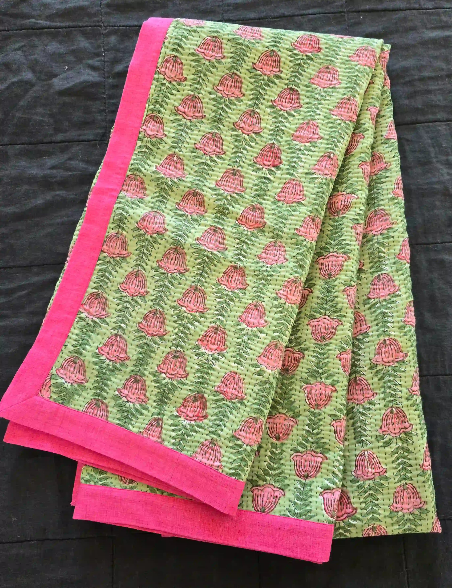 Green Pink Floral Handmade Kantha Throw - Ohana Earth