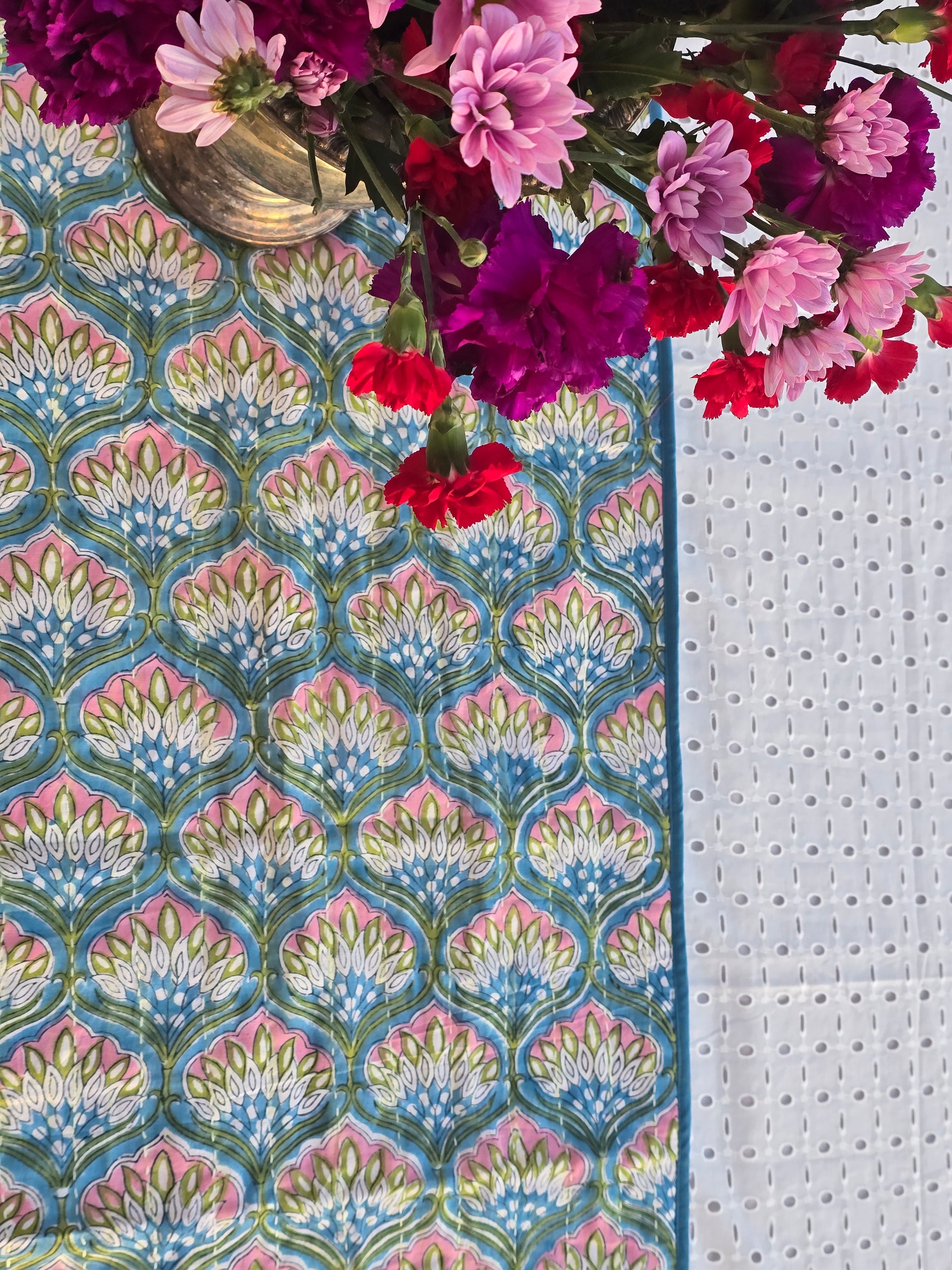 Blue floral Kantha hand block printed table runner in soft cotton for elegant table styling