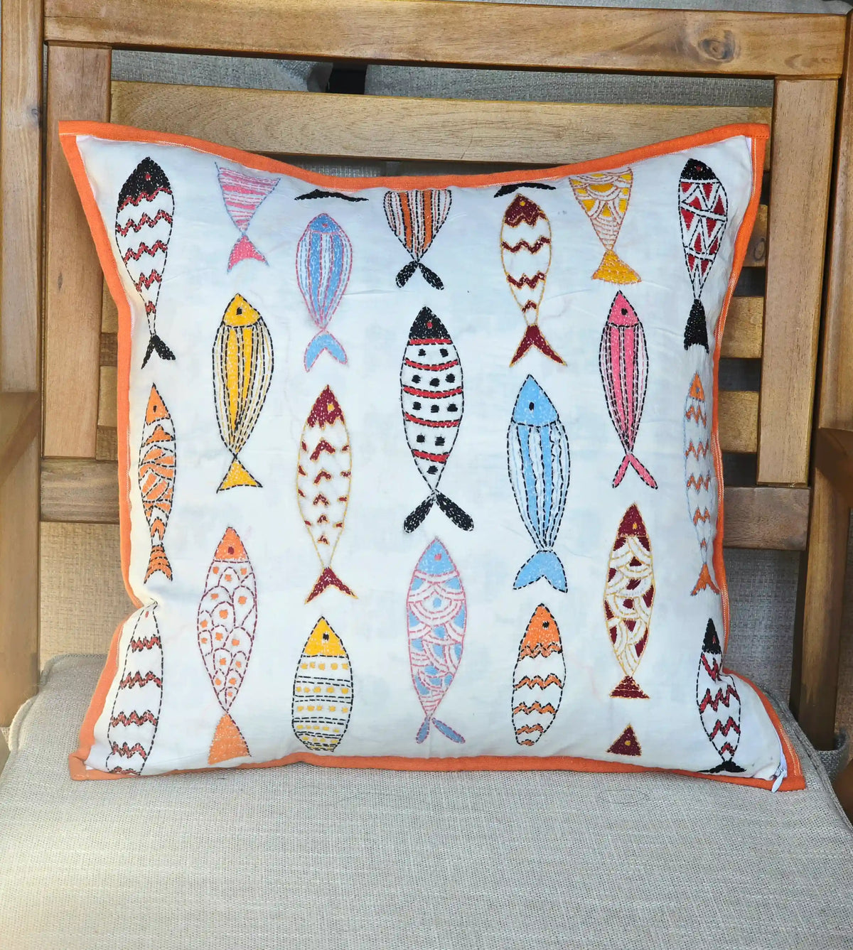 Handmade kantha fish cushion cover, hand-embroidered cotton, white