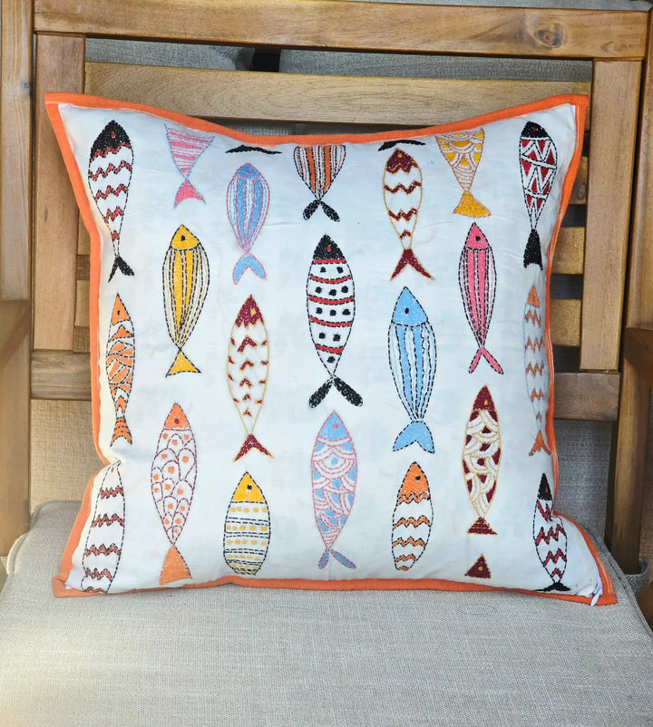 Handmade kantha fish cushion cover, hand-embroidered cotton, white