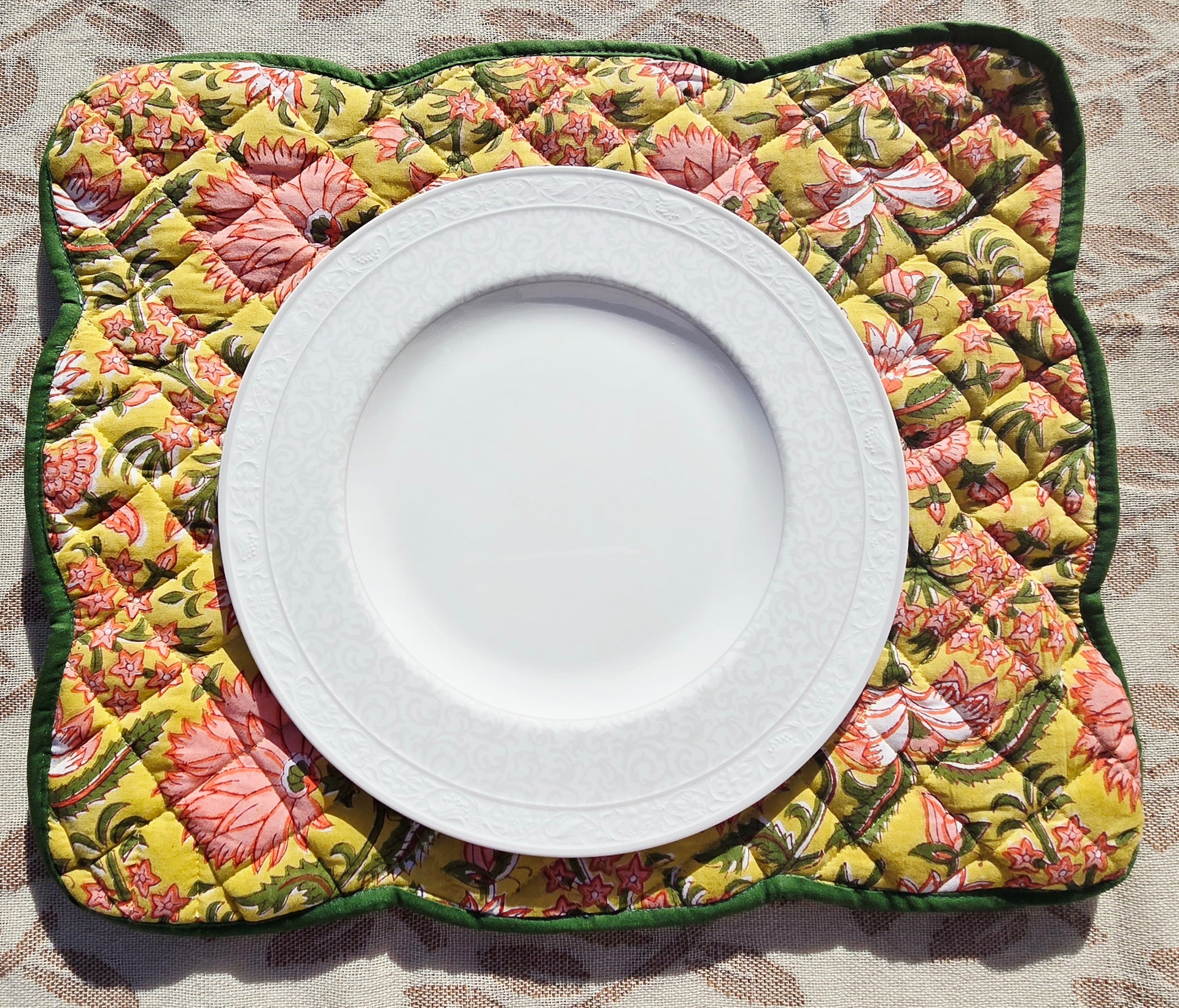 Floral Block Print Cotton Quilted Placemat with Scalloped Sides