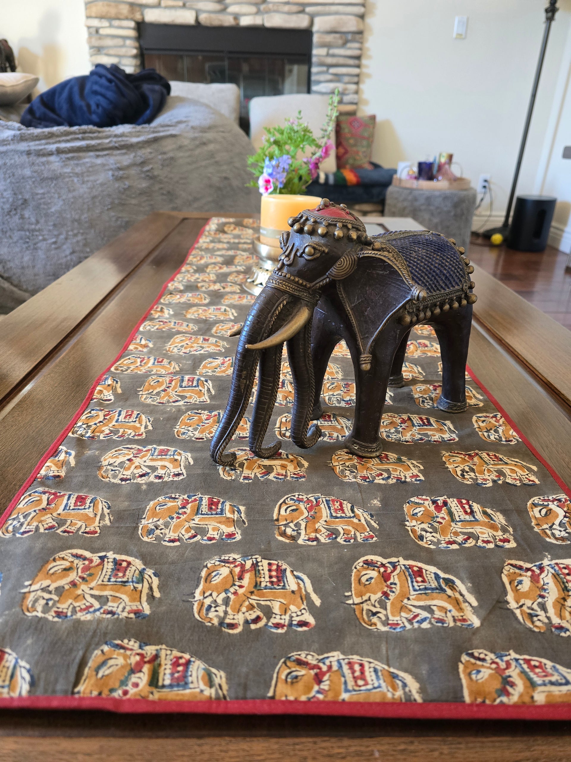 Hand Block Print Table Runner — Elephant, Olive + Burgundy