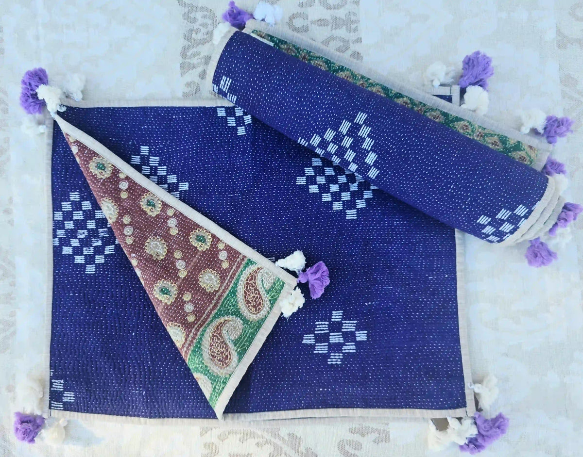 Blue handmade kantha placemat set of 4, hand-embroidered cotton