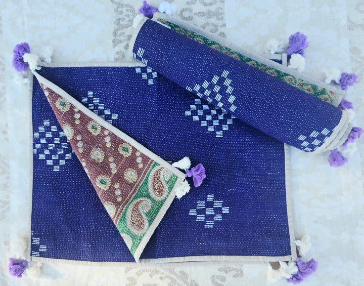 Blue handmade kantha placemat set of 4, hand-embroidered cotton