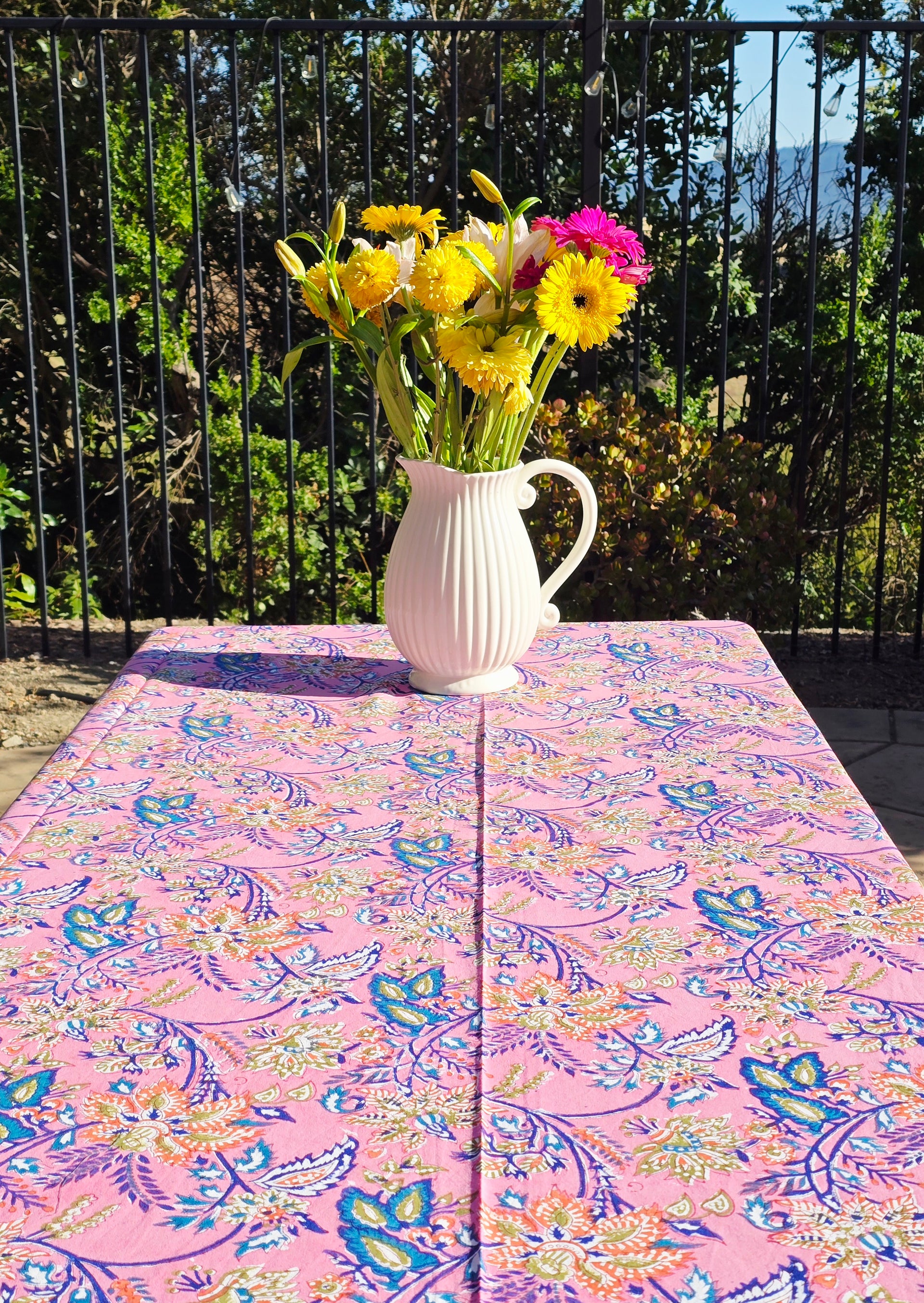 Pink Flower Block Printed Table Cloth