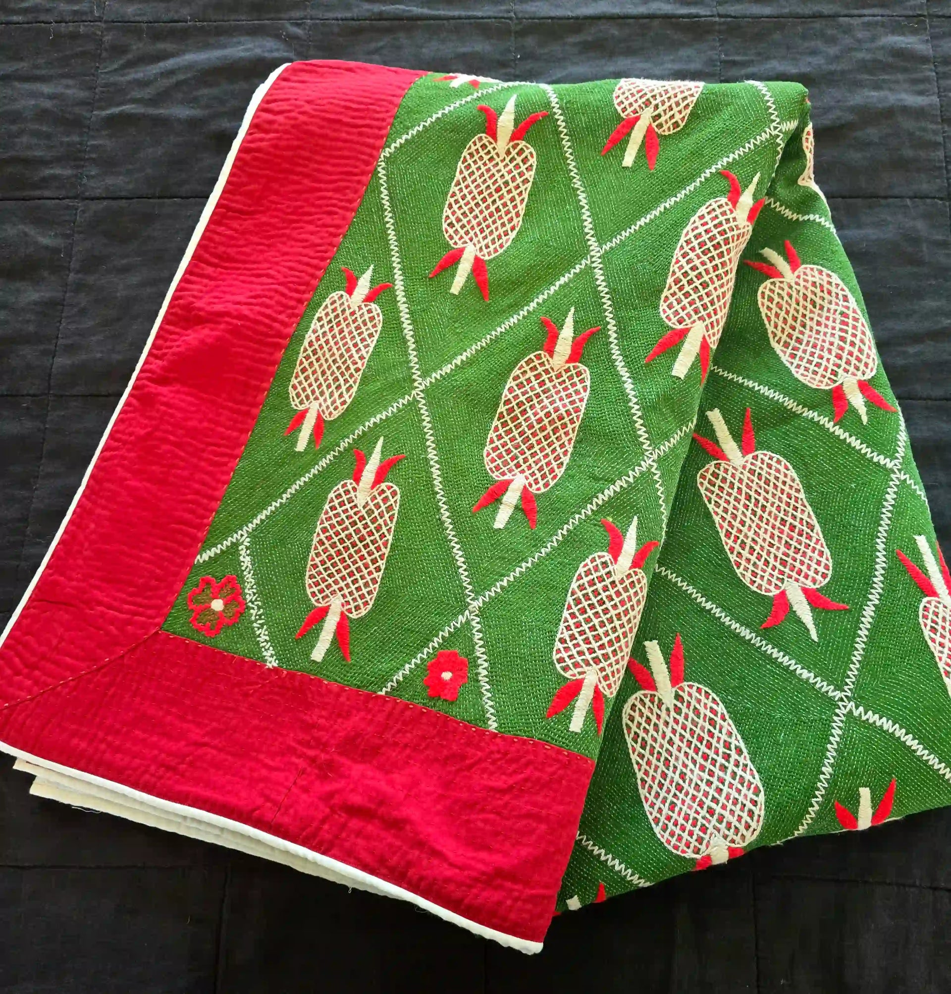 Pineapple Kantha Quilt – Hand Embroidered Cotton Quilt - Ohana Earth