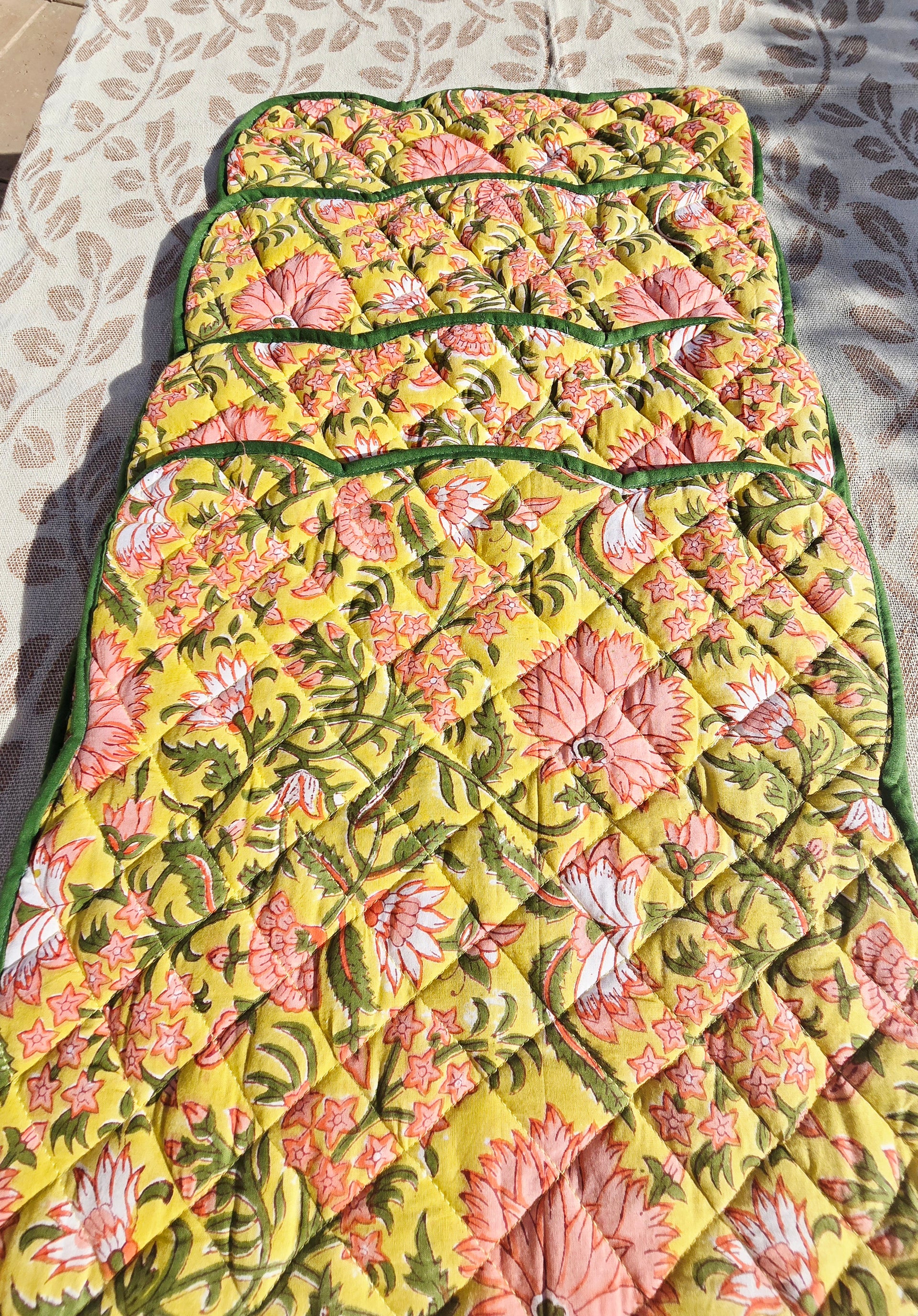 Floral Block Print Cotton Quilted Placemat with Scalloped Sides
