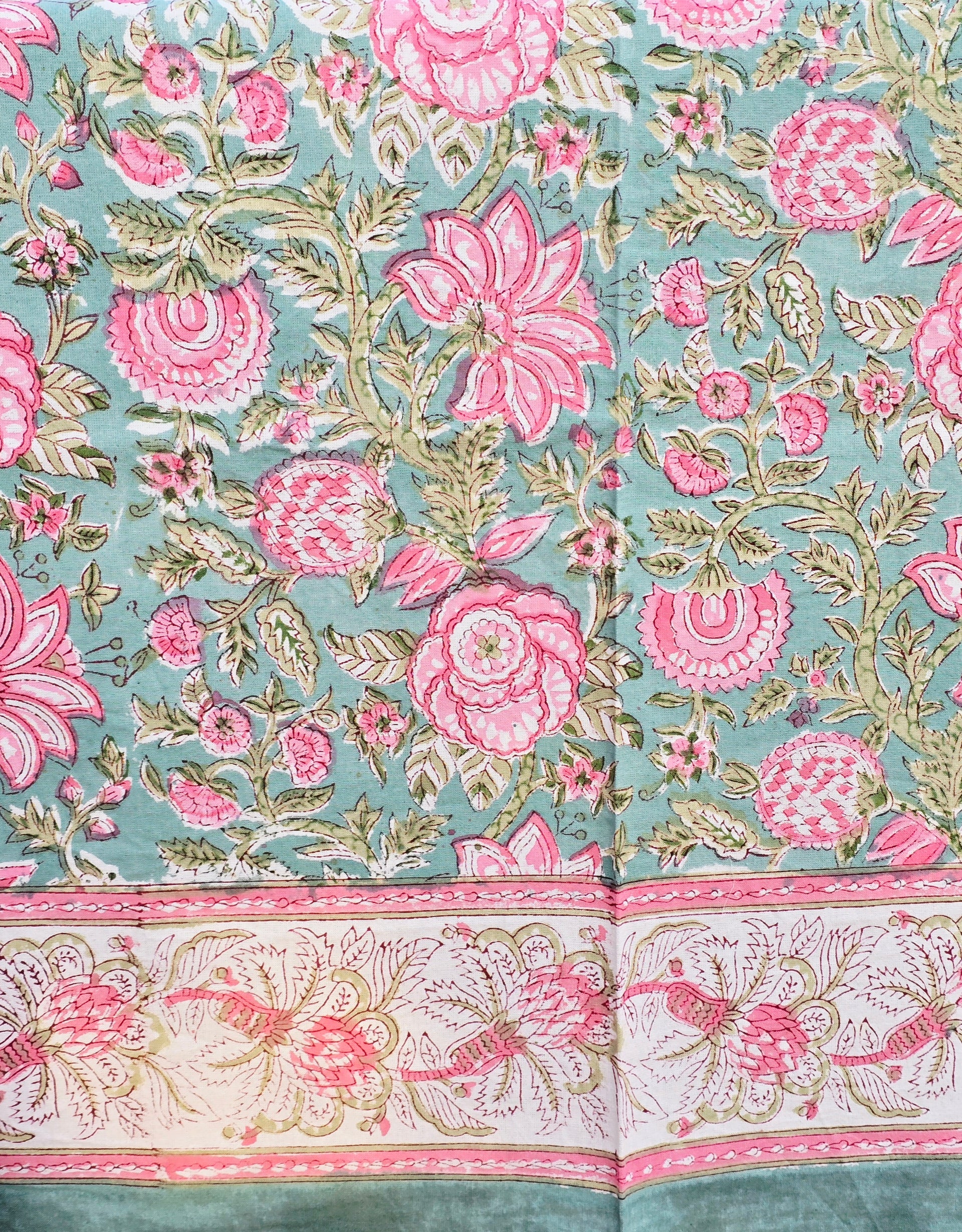 Green Pink Bloom Hand Block Printed Table Cloth