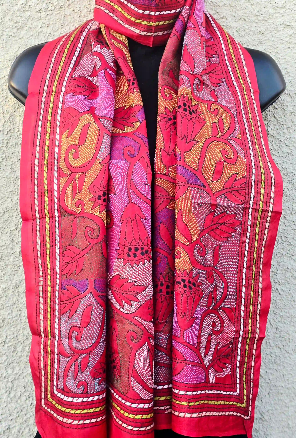 Hand Embroidered Reverse Kantha Silk Scarf - Red - Ohana Earth