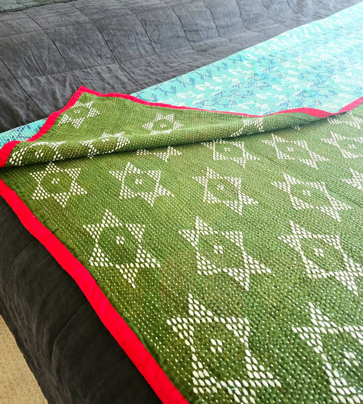 Green Hand-Embroidered Cotton Kantha Quilt - Ohana Earth