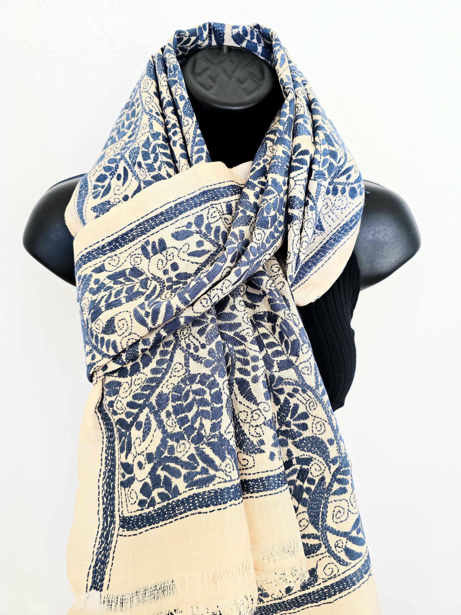 Hand Embroidered Kantha Silk Scarf - Beige and Grey Floral Heritage Design